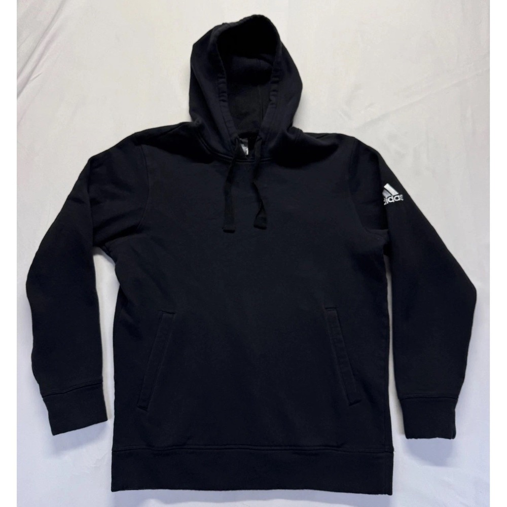 Adidas Hoodie Mens Medium Black Fleece Lined Logo Ribbed Athleisure Gym Training